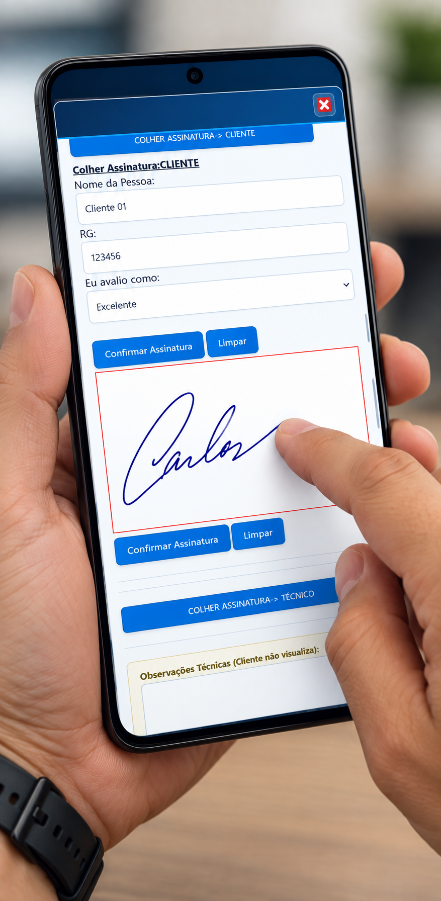 Assinatura digital de cliente em celular