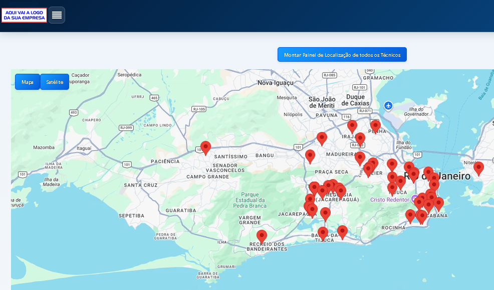Mapa com geolocalização de técnicos