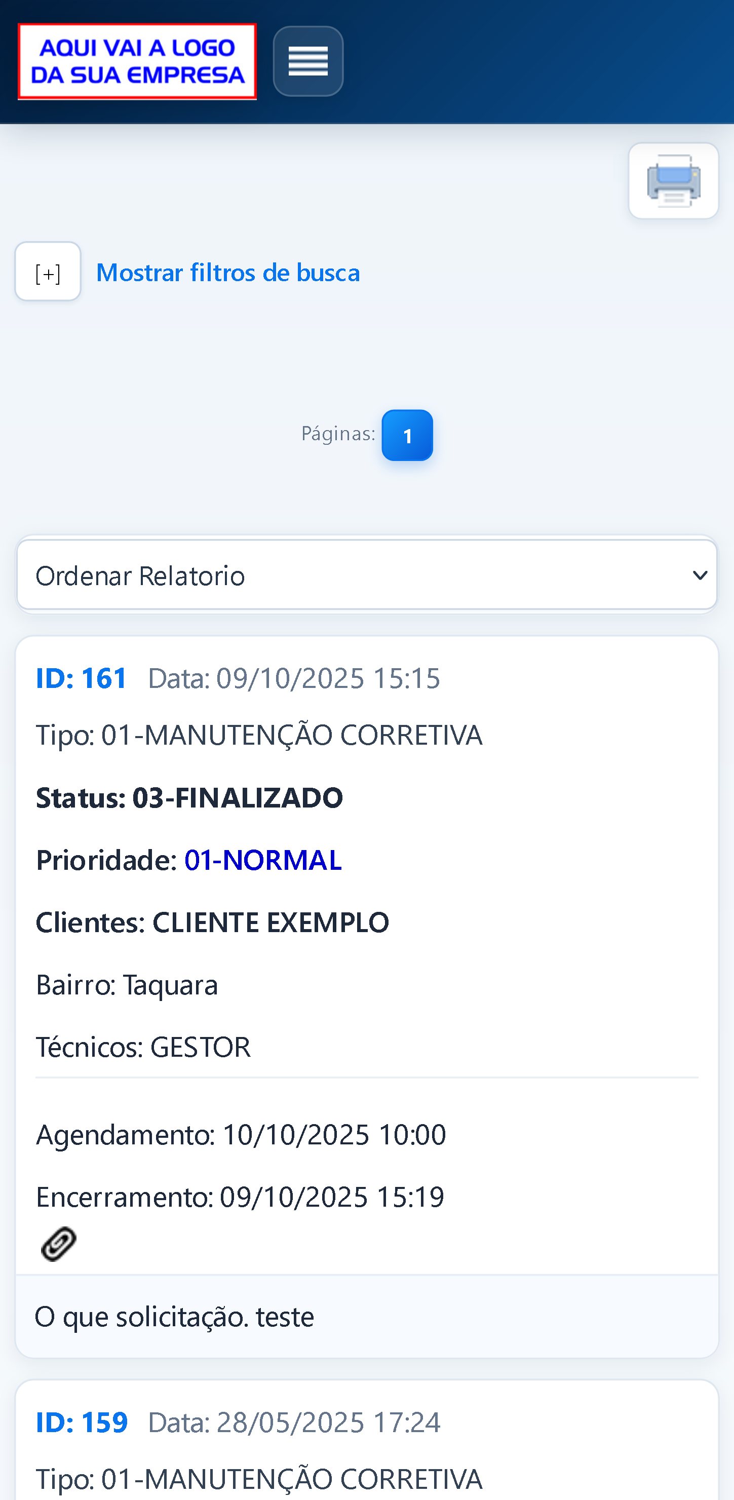 Tela interna com listagem de ordens de serviço celular